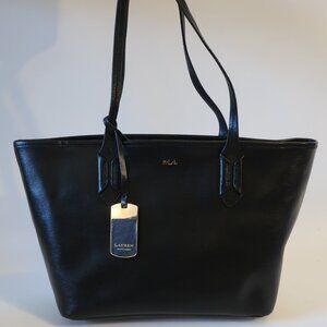 Womens Lauren Ralph Lauren Black Embossed Leather Tote Handbag